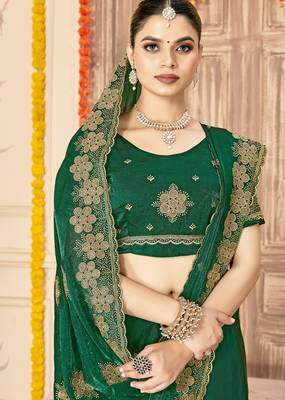Bottle green sequin siroski stone border work fendy two tone silk saree sari 2