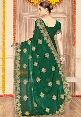 Bottle green sequin siroski stone border work fendy two tone silk saree sari 3