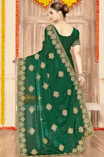 Bottle green sequin siroski stone border work fendy two tone silk saree sari