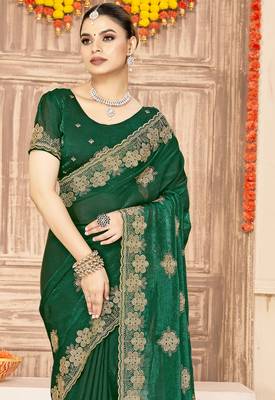 Bottle green sequin siroski stone border work fendy two tone silk saree sari 4