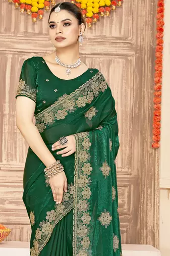 Bottle green sequin siroski stone border work fendy two tone silk saree sari