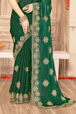 Bottle green sequin siroski stone border work fendy two tone silk saree sari 5