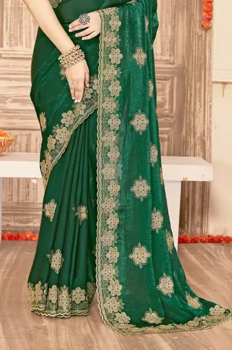 Bottle green sequin siroski stone border work fendy two tone silk saree sari