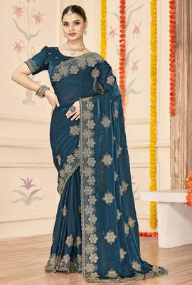 Teal blue sequin siroski stone border work fendy two tone silk saree sari 1