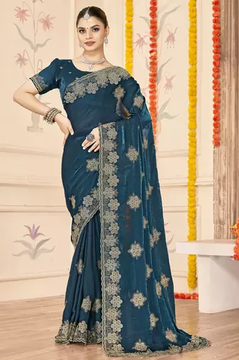 Teal blue sequin siroski stone border work fendy two tone silk saree sari