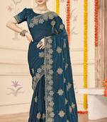 Teal blue sequin siroski stone border work fendy two tone silk saree sari