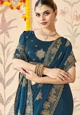 Teal blue sequin siroski stone border work fendy two tone silk saree sari 2