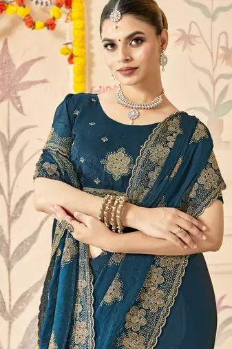 Teal blue sequin siroski stone border work fendy two tone silk saree sari