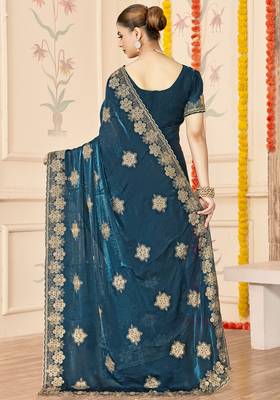 Teal blue sequin siroski stone border work fendy two tone silk saree sari 3