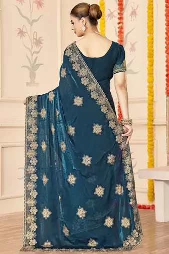 Teal blue sequin siroski stone border work fendy two tone silk saree sari