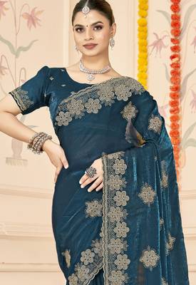 Teal blue sequin siroski stone border work fendy two tone silk saree sari 4