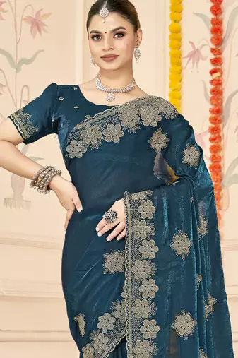 Teal blue sequin siroski stone border work fendy two tone silk saree sari