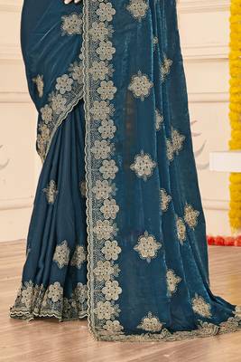 Teal blue sequin siroski stone border work fendy two tone silk saree sari 5