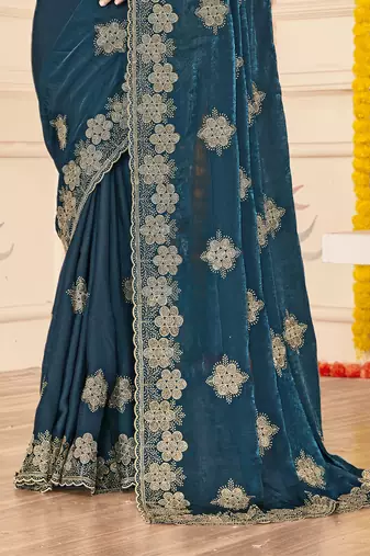 Teal blue sequin siroski stone border work fendy two tone silk saree sari
