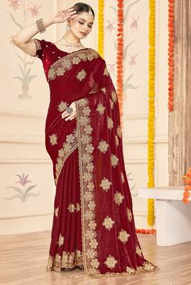 Maroon sequin siroski stone border work fendy two tone silk saree sari 1