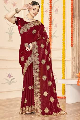 Maroon sequin siroski stone border work fendy two tone silk saree sari