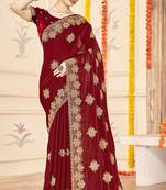 Maroon sequin siroski stone border work fendy two tone silk saree sari