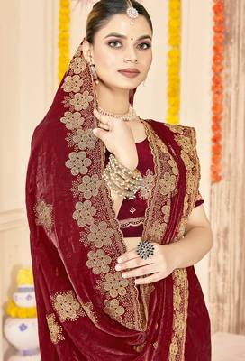 Maroon sequin siroski stone border work fendy two tone silk saree sari 2