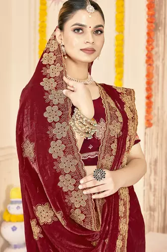 Maroon sequin siroski stone border work fendy two tone silk saree sari