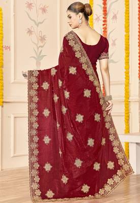 Maroon sequin siroski stone border work fendy two tone silk saree sari 3