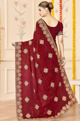 Maroon sequin siroski stone border work fendy two tone silk saree sari