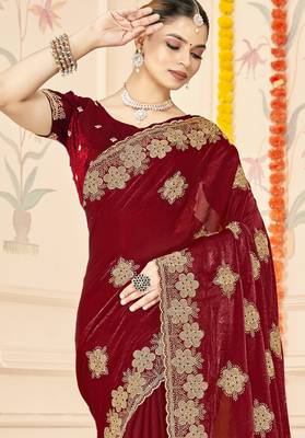 Maroon sequin siroski stone border work fendy two tone silk saree sari 4