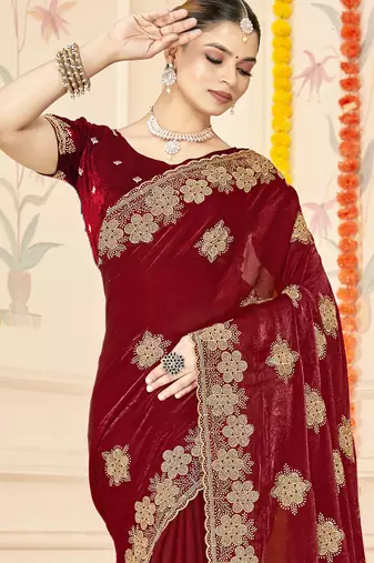 Maroon sequin siroski stone border work fendy two tone silk saree sari