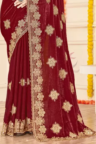 Maroon sequin siroski stone border work fendy two tone silk saree sari