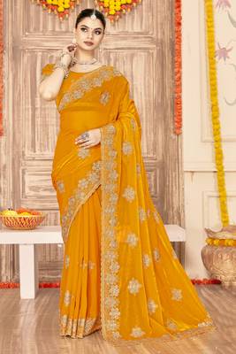 Mustard sequin siroski stone border work fendy two tone silk saree sari 1