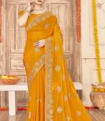 Mustard sequin siroski stone border work fendy two tone silk saree sari