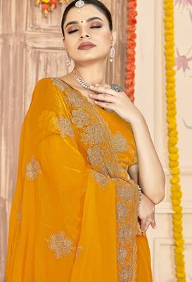 Mustard sequin siroski stone border work fendy two tone silk saree sari 2