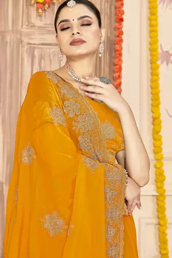 Mustard sequin siroski stone border work fendy two tone silk saree sari
