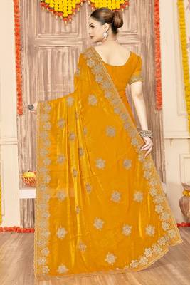 Mustard sequin siroski stone border work fendy two tone silk saree sari 3