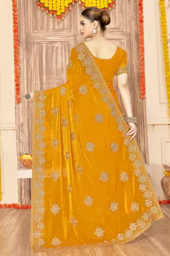 Mustard sequin siroski stone border work fendy two tone silk saree sari