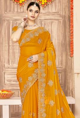 Mustard sequin siroski stone border work fendy two tone silk saree sari 4