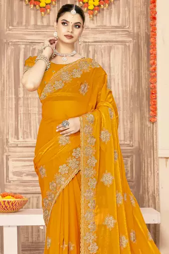 Mustard sequin siroski stone border work fendy two tone silk saree sari