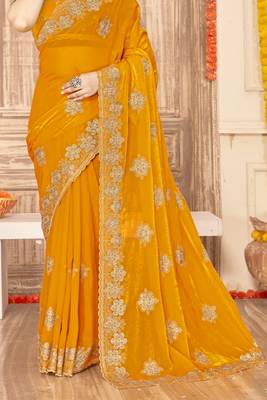 Mustard sequin siroski stone border work fendy two tone silk saree sari 5
