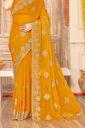 Mustard sequin siroski stone border work fendy two tone silk saree sari
