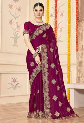 Wine sequin siroski stone border work fendy two tone silk saree sari 1