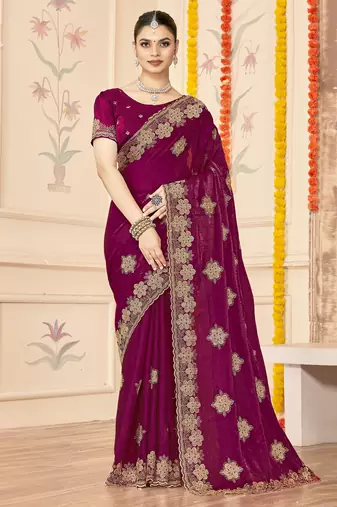 Wine sequin siroski stone border work fendy two tone silk saree sari