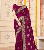 Wine sequin siroski stone border work fendy two tone silk saree sari