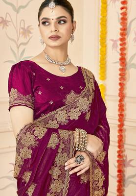 Wine sequin siroski stone border work fendy two tone silk saree sari 2