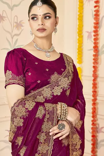 Wine sequin siroski stone border work fendy two tone silk saree sari
