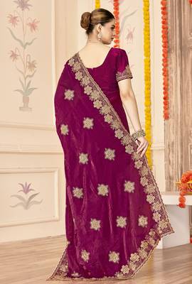 Wine sequin siroski stone border work fendy two tone silk saree sari 3