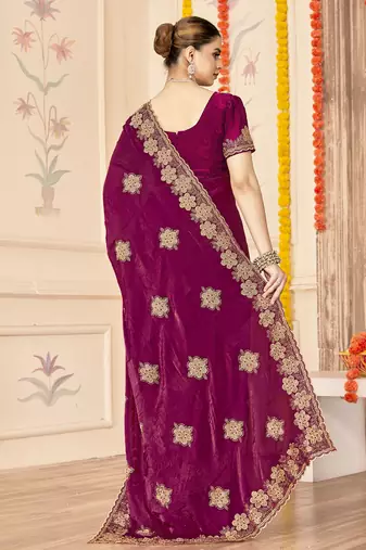 Wine sequin siroski stone border work fendy two tone silk saree sari