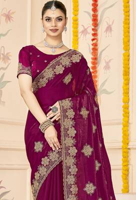 Wine sequin siroski stone border work fendy two tone silk saree sari 4