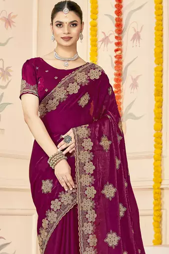 Wine sequin siroski stone border work fendy two tone silk saree sari