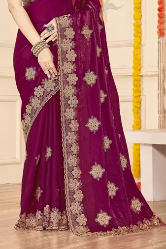 Wine sequin siroski stone border work fendy two tone silk saree sari