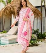 Women Beautiful Printed Silk Blend Fabric with Straight Kurta, Pant and Dupatta Set