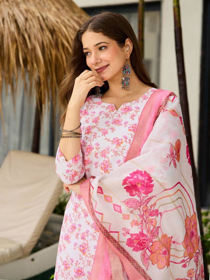 Women Beautiful Printed Silk Blend Fabric with Straight Kurta, Pant and Dupatta Set